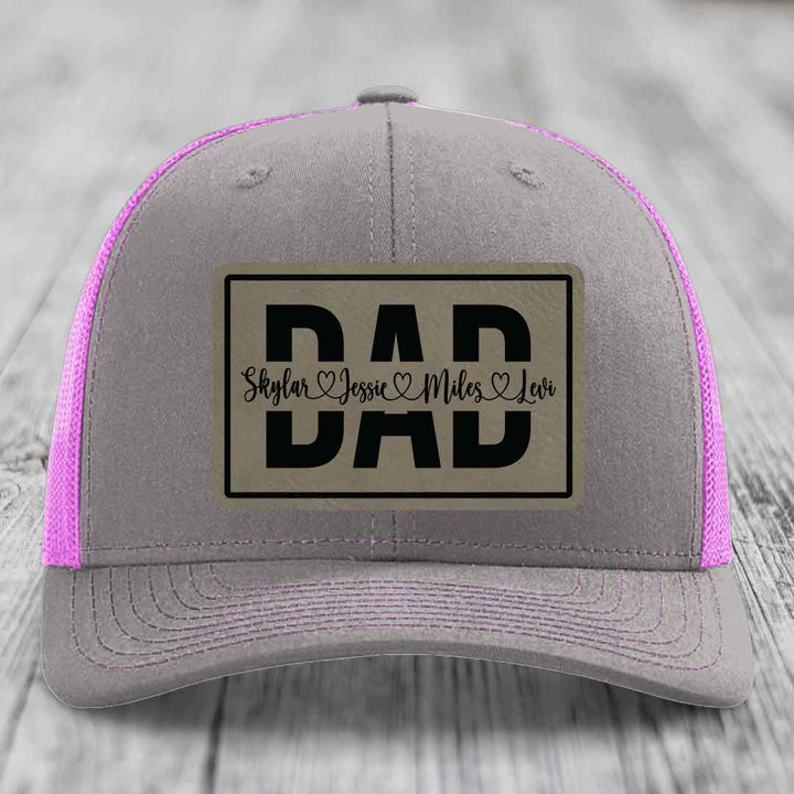 Dad Monogram (With Kids Names) - Leather Patch Hat - Light Brown to Black Patch - Richardson 112 Snapback Trucker Hat