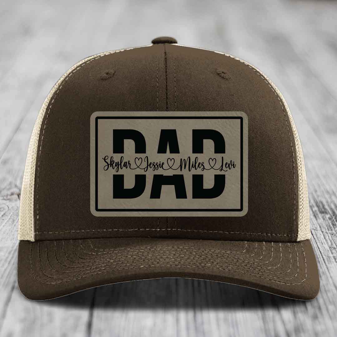 Dad Monogram (With Kids Names) - Leather Patch Hat - Light Brown to Black Patch - Richardson 112 Snapback Trucker Hat