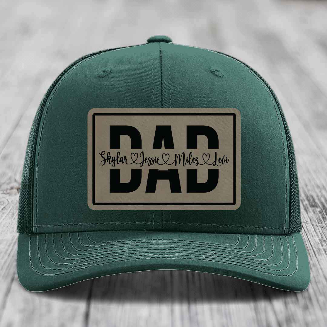 Dad Monogram (With Kids Names) - Leather Patch Hat - Light Brown to Black Patch - Richardson 112 Snapback Trucker Hat