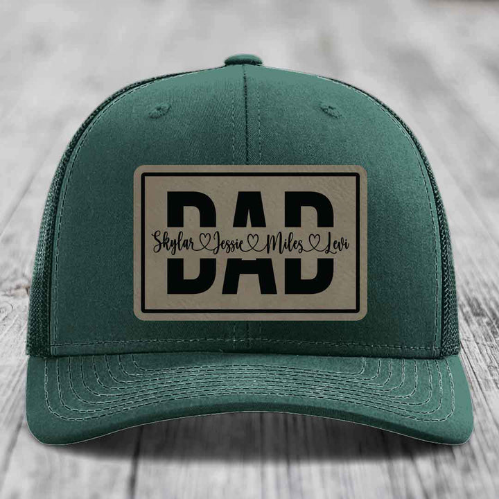Dad Monogram (With Kids Names) - Leather Patch Hat - Light Brown to Black Patch - Richardson 112 Snapback Trucker Hat