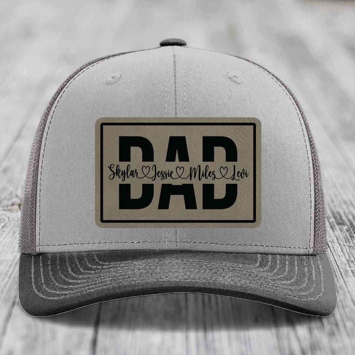 Dad Monogram (With Kids Names) - Leather Patch Hat - Light Brown to Black Patch - Richardson 112 Snapback Trucker Hat