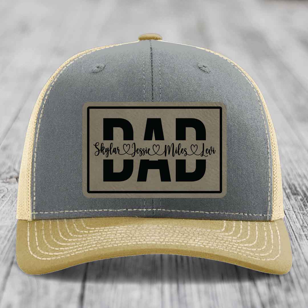 Dad Monogram (With Kids Names) - Leather Patch Hat - Light Brown to Black Patch - Richardson 112 Snapback Trucker Hat
