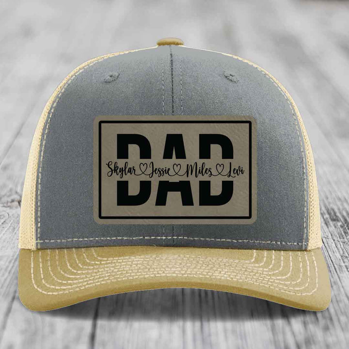 Dad Monogram (With Kids Names) - Leather Patch Hat - Light Brown to Black Patch - Richardson 112 Snapback Trucker Hat