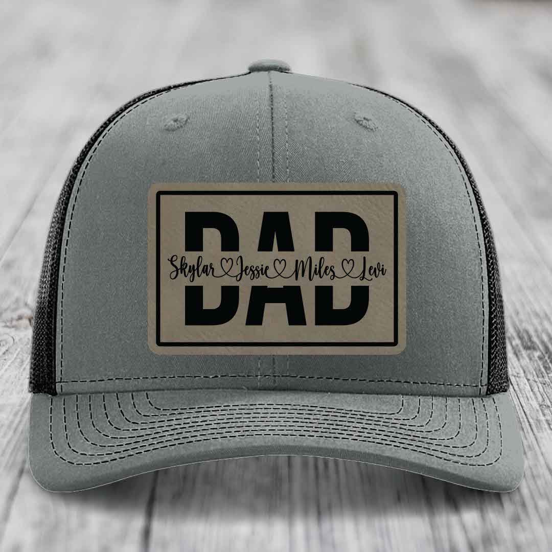 Dad Monogram (With Kids Names) - Leather Patch Hat - Light Brown to Black Patch - Richardson 112 Snapback Trucker Hat