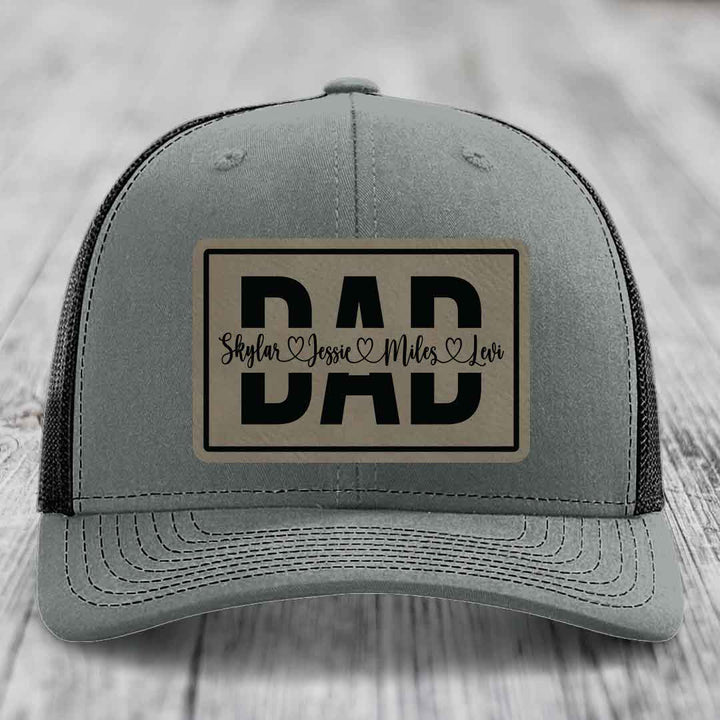 Dad Monogram (With Kids Names) - Leather Patch Hat - Light Brown to Black Patch - Richardson 112 Snapback Trucker Hat