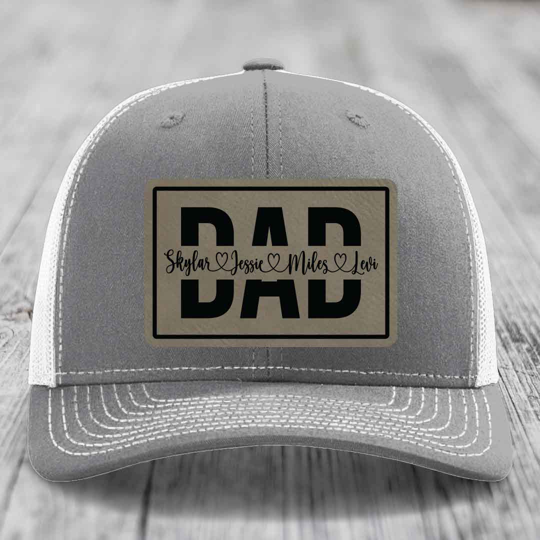 Dad Monogram (With Kids Names) - Leather Patch Hat - Light Brown to Black Patch - Richardson 112 Snapback Trucker Hat