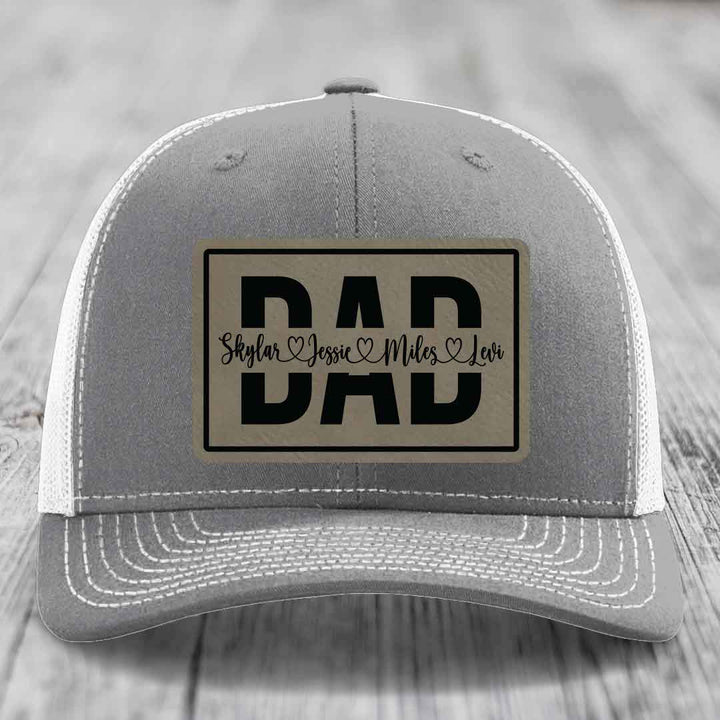 Dad Monogram (With Kids Names) - Leather Patch Hat - Light Brown to Black Patch - Richardson 112 Snapback Trucker Hat