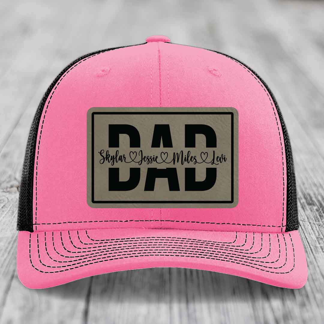 Dad Monogram (With Kids Names) - Leather Patch Hat - Light Brown to Black Patch - Richardson 112 Snapback Trucker Hat