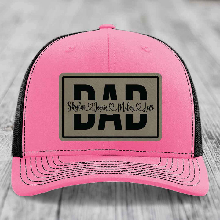 Dad Monogram (With Kids Names) - Leather Patch Hat - Light Brown to Black Patch - Richardson 112 Snapback Trucker Hat