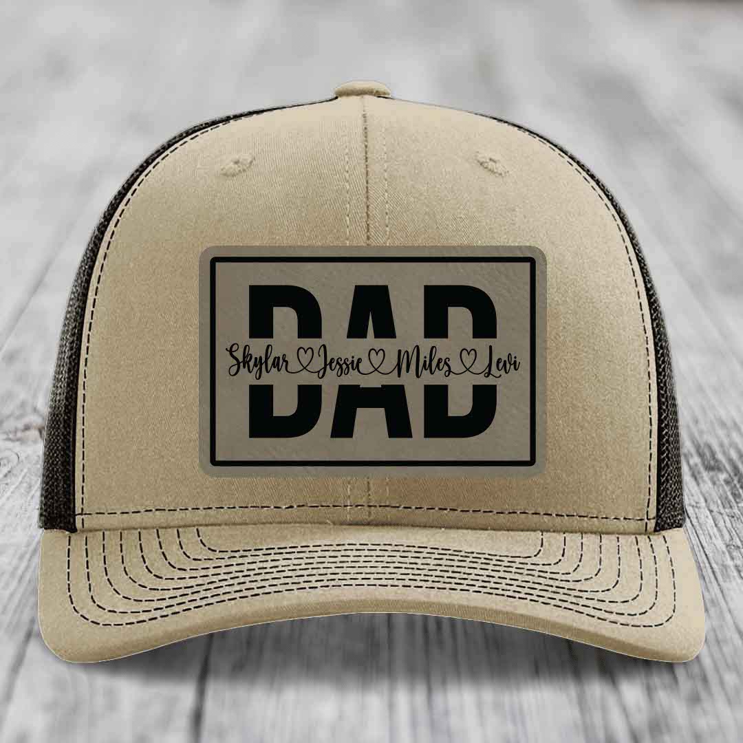 Dad Monogram (With Kids Names) - Leather Patch Hat - Light Brown to Black Patch - Richardson 112 Snapback Trucker Hat