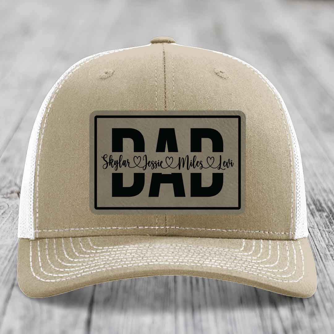 Dad Monogram (With Kids Names) - Leather Patch Hat - Light Brown to Black Patch - Richardson 112 Snapback Trucker Hat