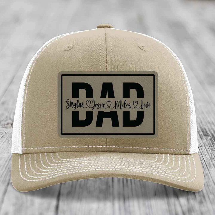 Dad Monogram (With Kids Names) - Leather Patch Hat - Light Brown to Black Patch - Richardson 112 Snapback Trucker Hat
