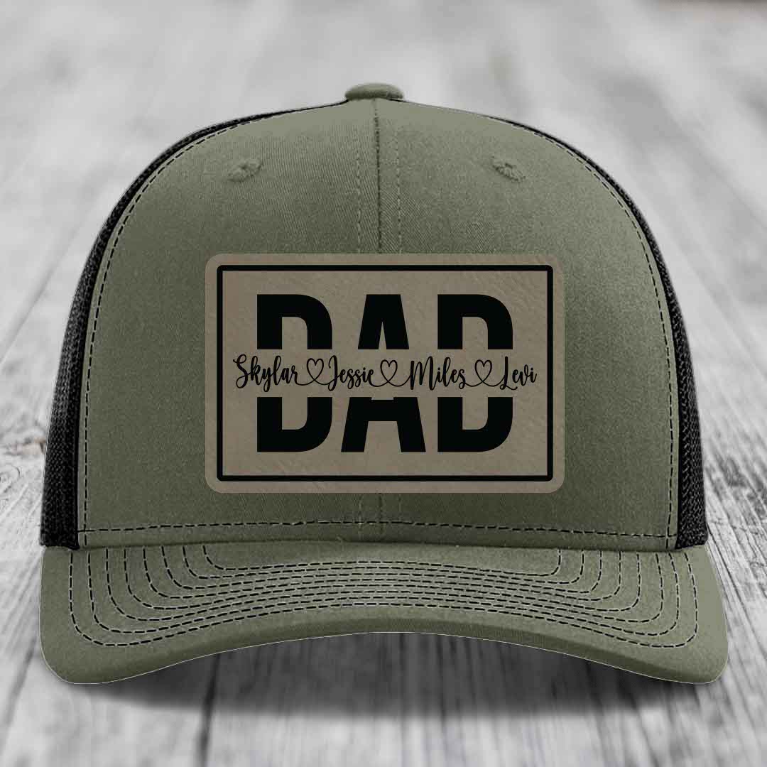 Dad Monogram (With Kids Names) - Leather Patch Hat - Light Brown to Black Patch - Richardson 112 Snapback Trucker Hat