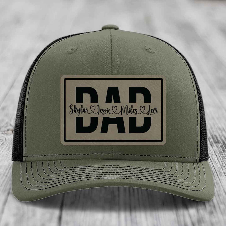 Dad Monogram (With Kids Names) - Leather Patch Hat - Light Brown to Black Patch - Richardson 112 Snapback Trucker Hat