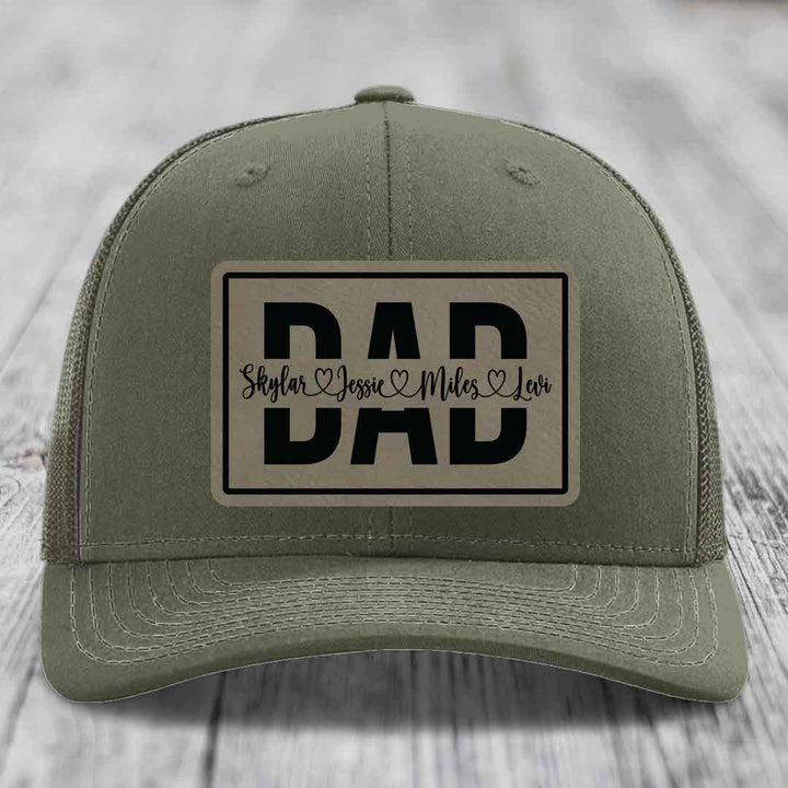 Dad Monogram (With Kids Names) - Leather Patch Hat - Light Brown to Black Patch - Richardson 112 Snapback Trucker Hat