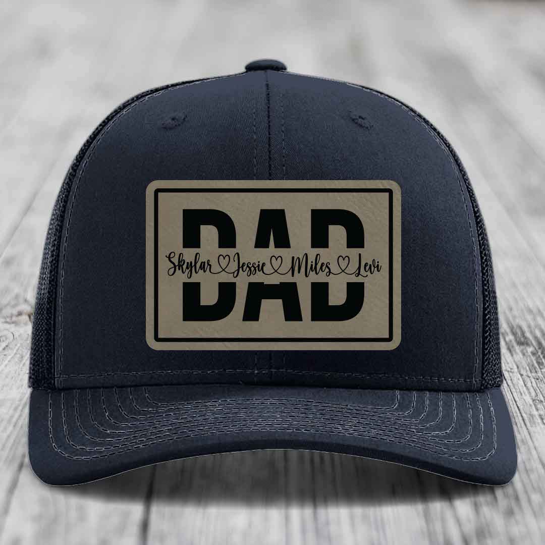 Dad Monogram (With Kids Names) - Leather Patch Hat - Light Brown to Black Patch - Richardson 112 Snapback Trucker Hat