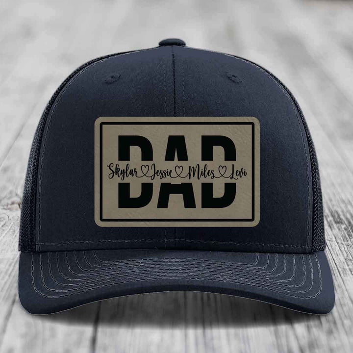 Dad Monogram (With Kids Names) - Leather Patch Hat - Light Brown to Black Patch - Richardson 112 Snapback Trucker Hat