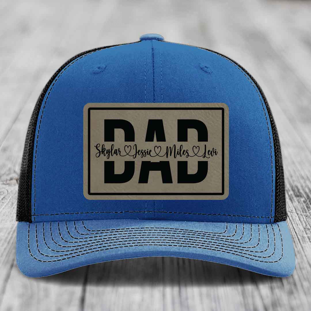 Dad Monogram (With Kids Names) - Leather Patch Hat - Light Brown to Black Patch - Richardson 112 Snapback Trucker Hat