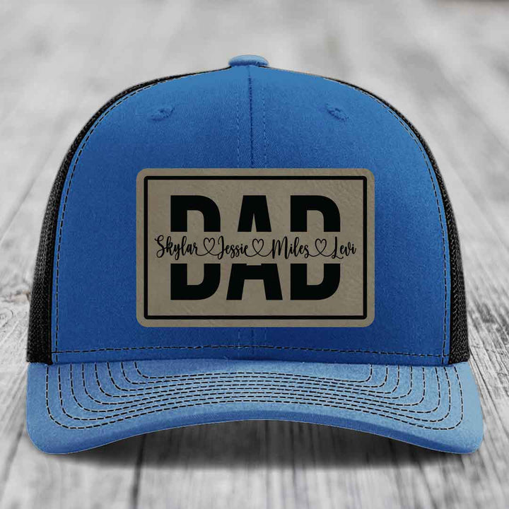 Dad Monogram (With Kids Names) - Leather Patch Hat - Light Brown to Black Patch - Richardson 112 Snapback Trucker Hat