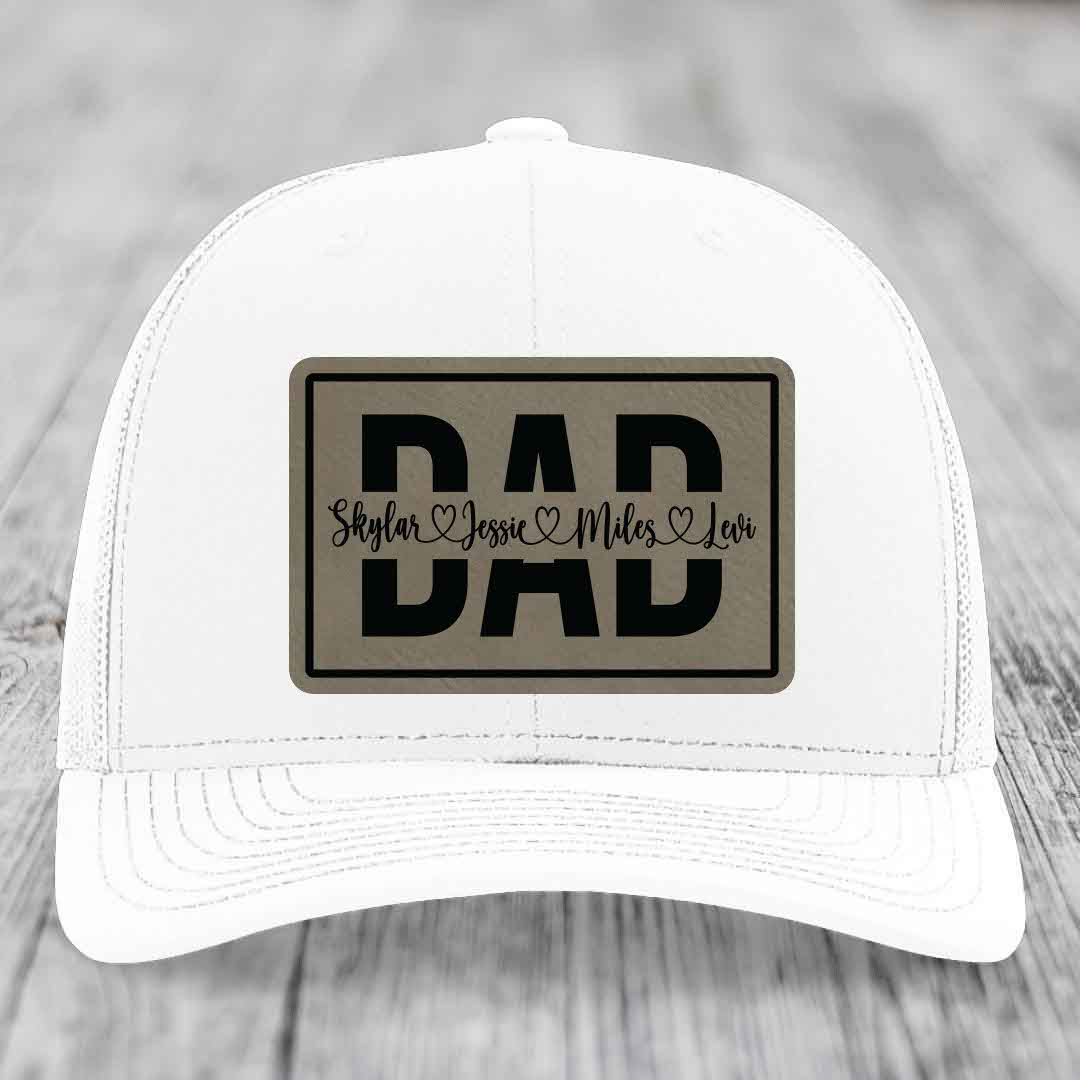 Dad Monogram (With Kids Names) - Leather Patch Hat - Light Brown to Black Patch - Richardson 112 Snapback Trucker Hat