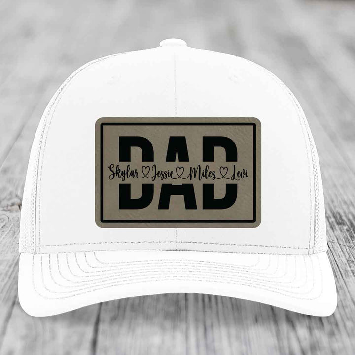 Dad Monogram (With Kids Names) - Leather Patch Hat - Light Brown to Black Patch - Richardson 112 Snapback Trucker Hat