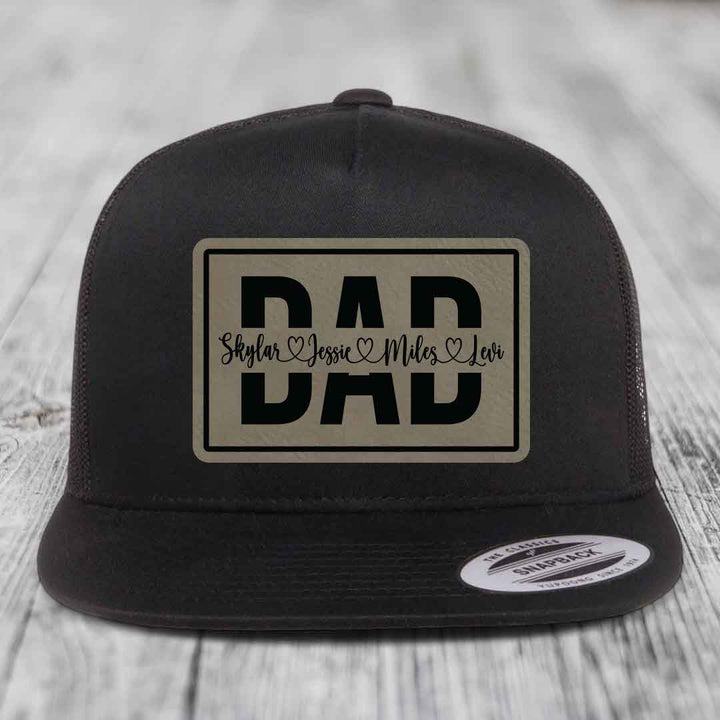 Dad Monogram (With Kids Names) - Leather Patch Hat - Light Brown to Black Patch - Yupoong 6006 Snapback Flatbill Hat