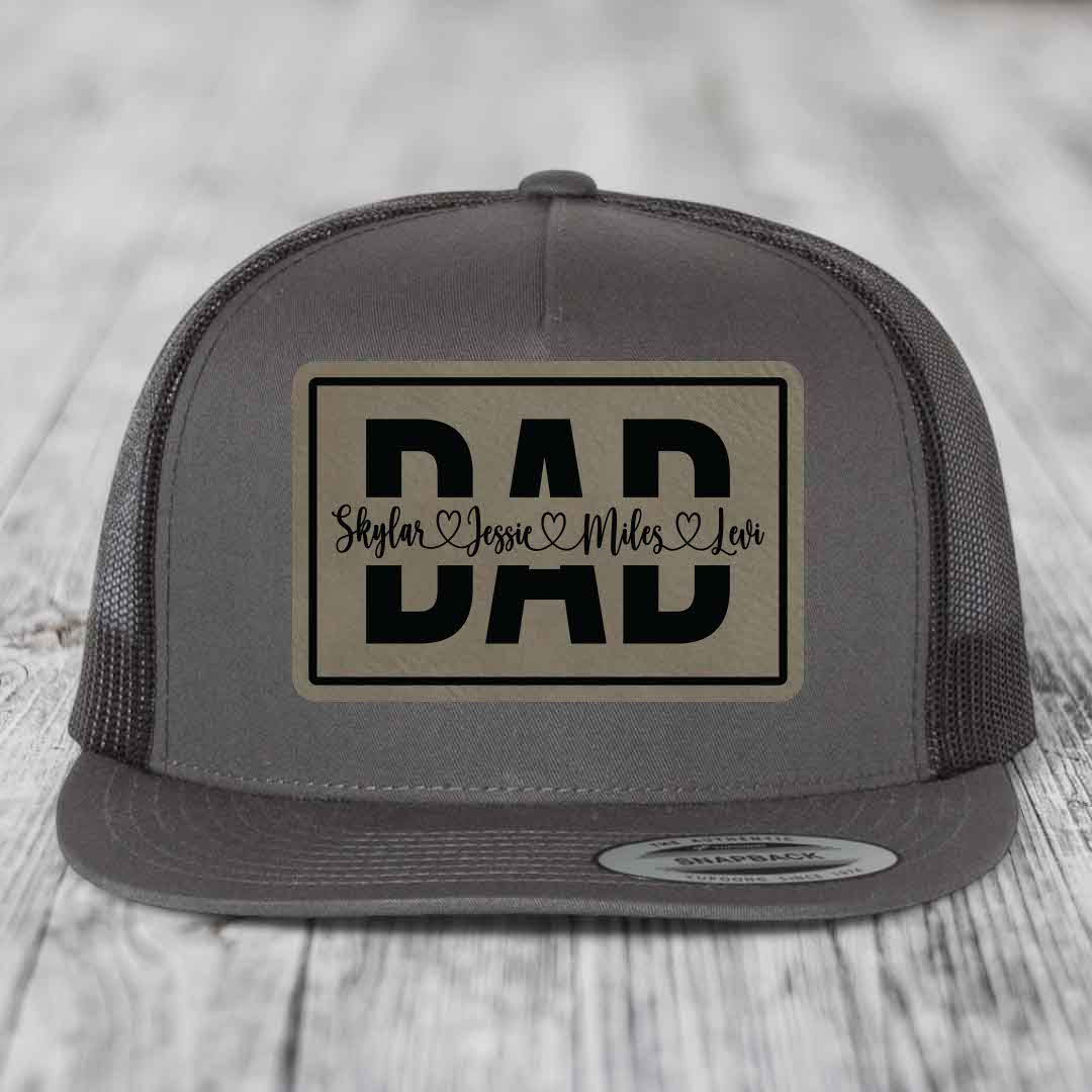 Dad Monogram (With Kids Names) - Leather Patch Hat - Light Brown to Black Patch - Yupoong 6006 Snapback Flatbill Hat
