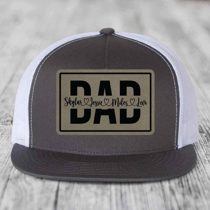 Dad Monogram (With Kids Names) - Leather Patch Hat - Light Brown to Black Patch - Yupoong 6006 Snapback Flatbill Hat