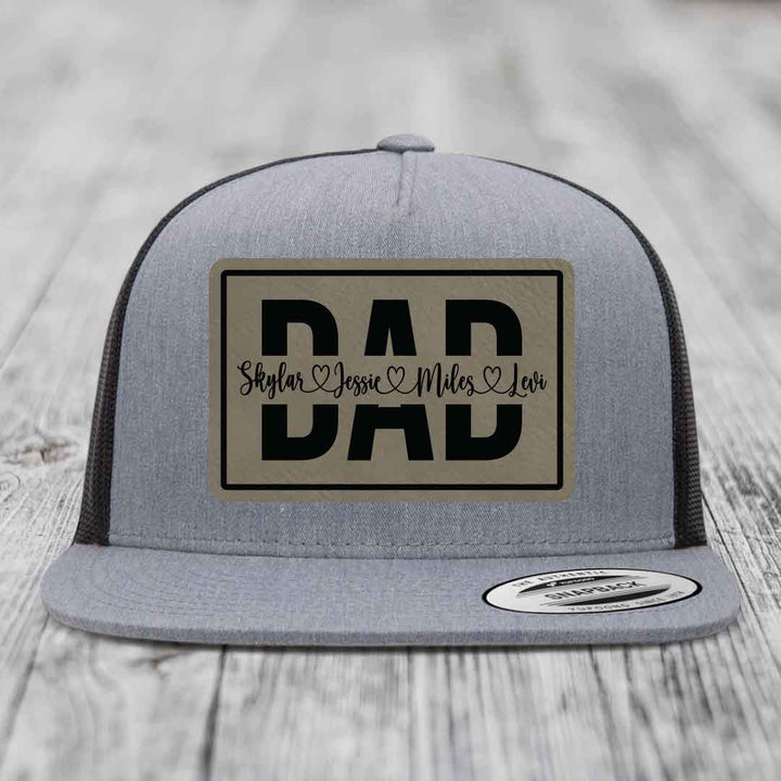 Dad Monogram (With Kids Names) - Leather Patch Hat - Light Brown to Black Patch - Yupoong 6006 Snapback Flatbill Hat