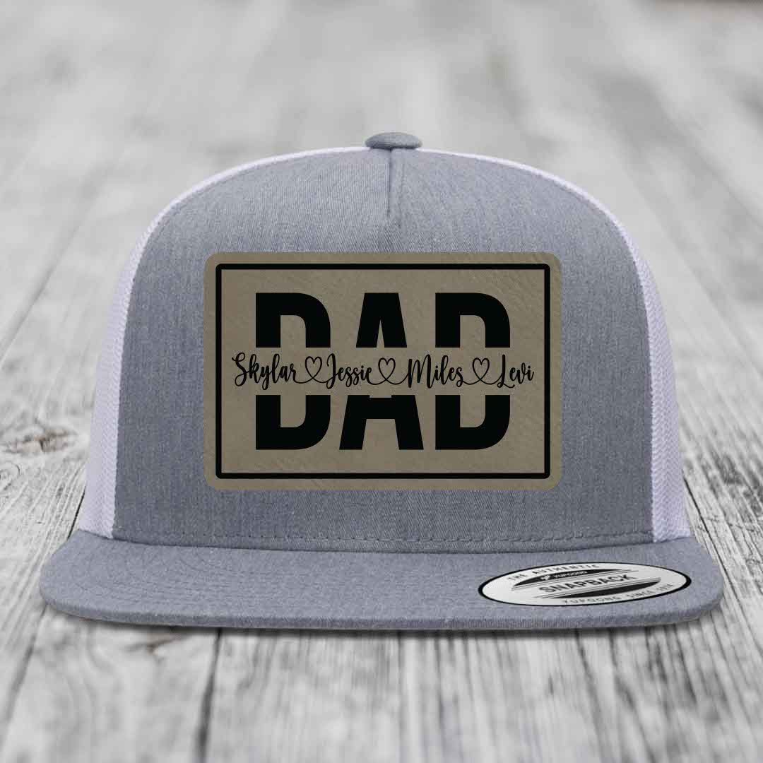 Dad Monogram (With Kids Names) - Leather Patch Hat - Light Brown to Black Patch - Yupoong 6006 Snapback Flatbill Hat