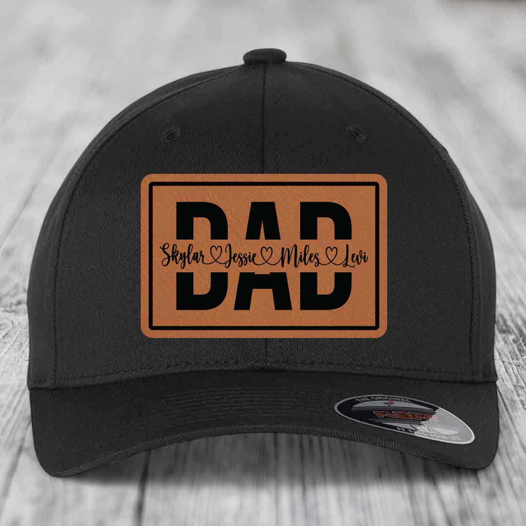 Dad Monogram (With Kids Names) - Leather Patch Hat - Rawhide to Black Patch - Flexfit 6277 Fitted Hat
