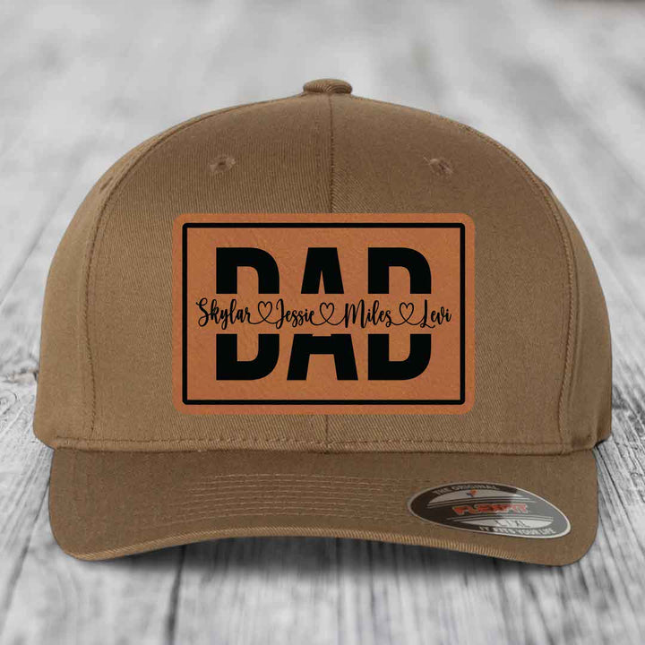 Dad Monogram (With Kids Names) - Leather Patch Hat - Rawhide to Black Patch - Flexfit 6277 Fitted Hat