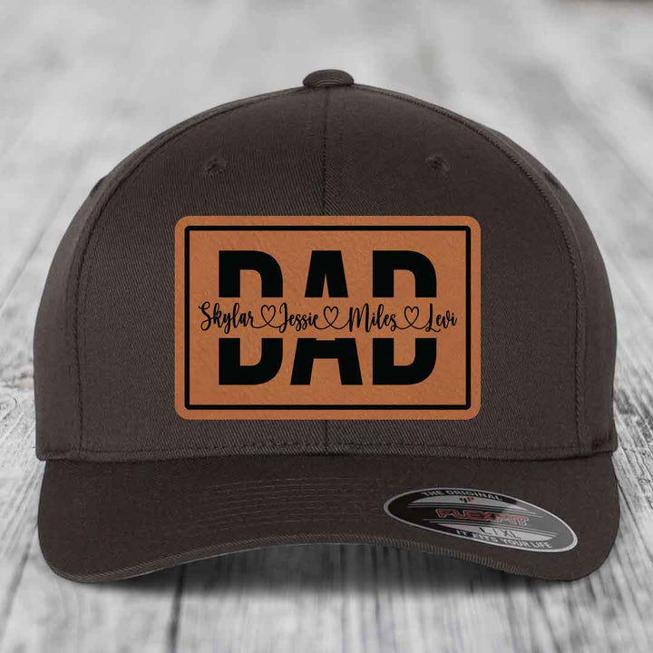 Dad Monogram (With Kids Names) - Leather Patch Hat - Rawhide to Black Patch - Flexfit 6277 Fitted Hat