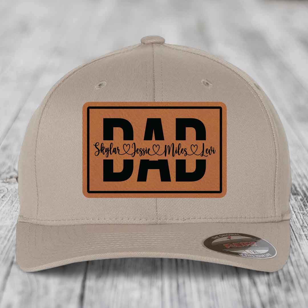 Dad Monogram (With Kids Names) - Leather Patch Hat - Rawhide to Black Patch - Flexfit 6277 Fitted Hat