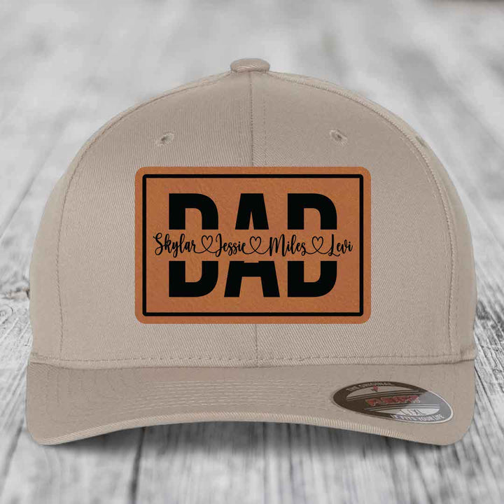 Dad Monogram (With Kids Names) - Leather Patch Hat - Rawhide to Black Patch - Flexfit 6277 Fitted Hat