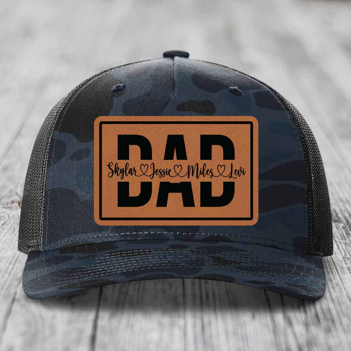 Dad Monogram (With Kids Names) - Leather Patch Hat - Rawhide to Black Patch - Richardson 112PFP Snapback Trucker Hat