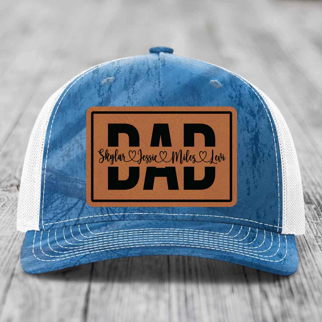 Dad Monogram (With Kids Names) - Leather Patch Hat - Rawhide to Black Patch - Richardson 112PFP Snapback Trucker Hat