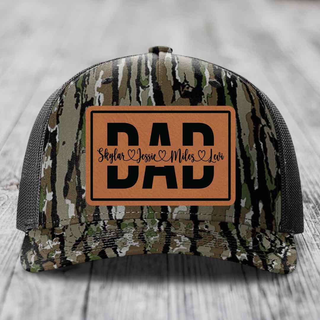 Dad Monogram (With Kids Names) - Leather Patch Hat - Rawhide to Black Patch - Richardson 112PFP Snapback Trucker Hat
