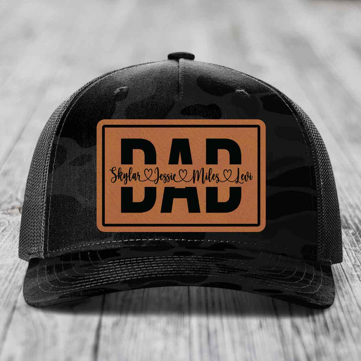 Dad Monogram (With Kids Names) - Leather Patch Hat - Rawhide to Black Patch - Richardson 112PFP Snapback Trucker Hat