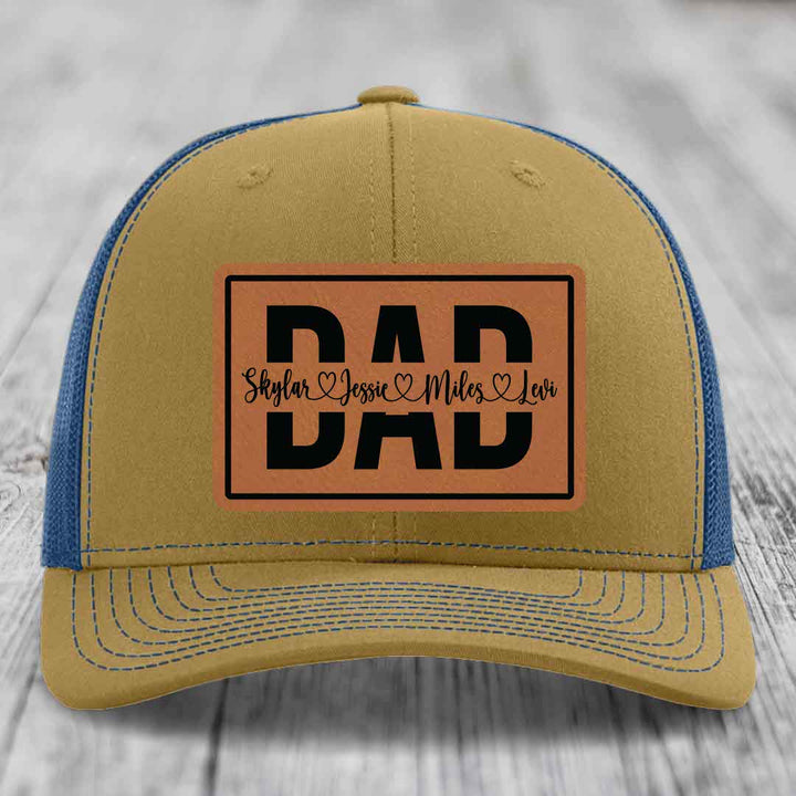 Dad Monogram (With Kids Names) - Leather Patch Hat - Rawhide to Black Patch - Richardson 112 Snapback Trucker Hat