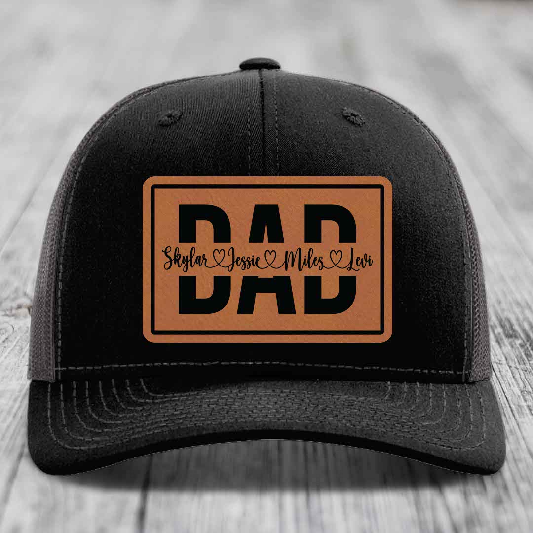 Dad Monogram (With Kids Names) - Leather Patch Hat - Rawhide to Black Patch - Richardson 112 Snapback Trucker Hat