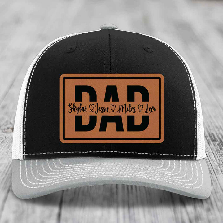 Dad Monogram (With Kids Names) - Leather Patch Hat - Rawhide to Black Patch - Richardson 112 Snapback Trucker Hat