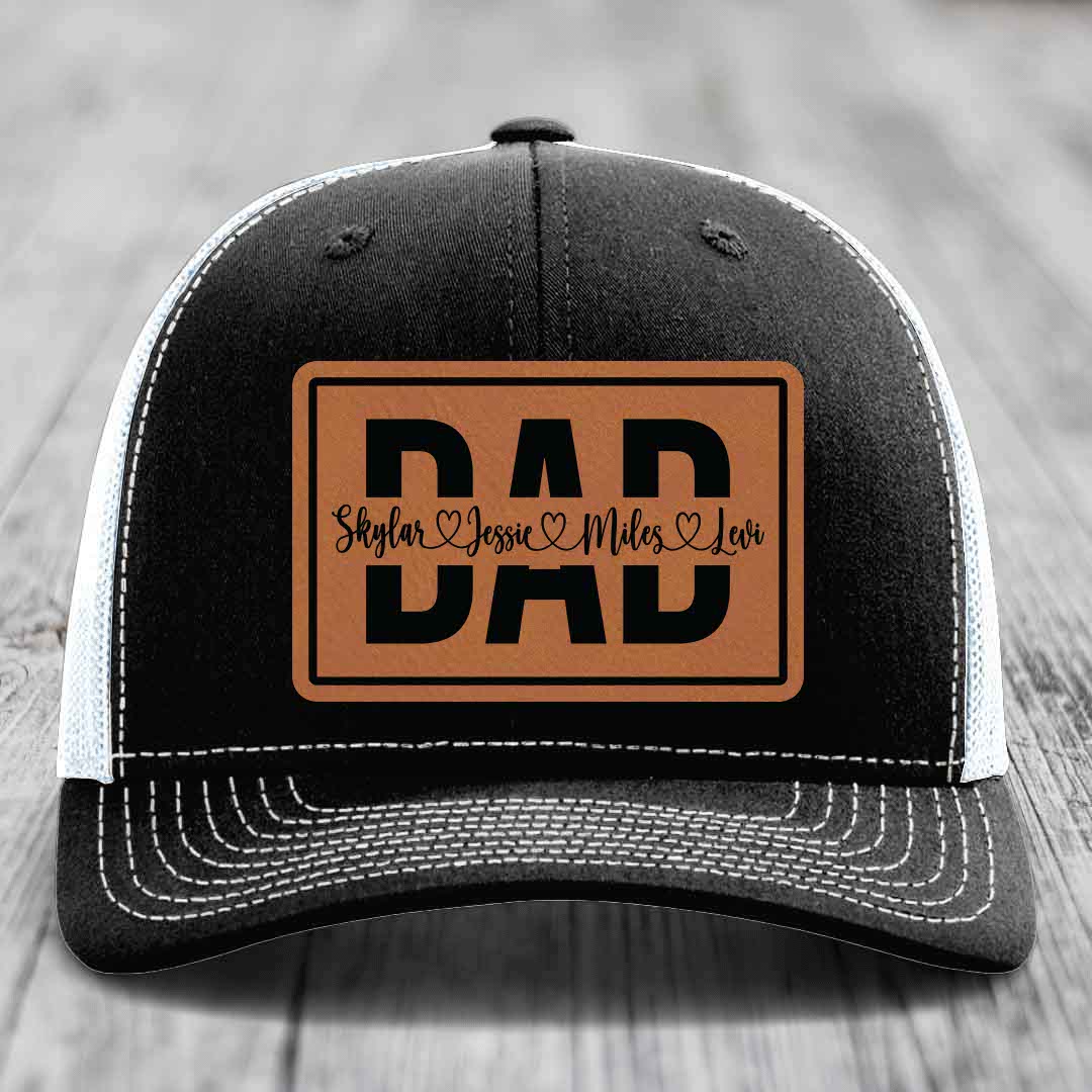 Dad Monogram (With Kids Names) - Leather Patch Hat - Rawhide to Black Patch - Richardson 112 Snapback Trucker Hat