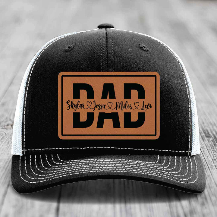 Dad Monogram (With Kids Names) - Leather Patch Hat - Rawhide to Black Patch - Richardson 112 Snapback Trucker Hat