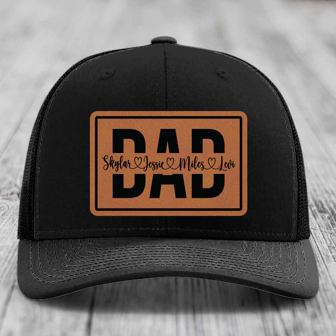 Dad Monogram (With Kids Names) - Leather Patch Hat - Rawhide to Black Patch - Richardson 112 Snapback Trucker Hat