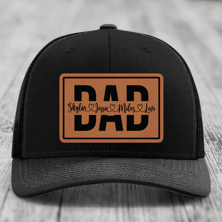 Dad Monogram (With Kids Names) - Leather Patch Hat - Rawhide to Black Patch - Richardson 112 Snapback Trucker Hat