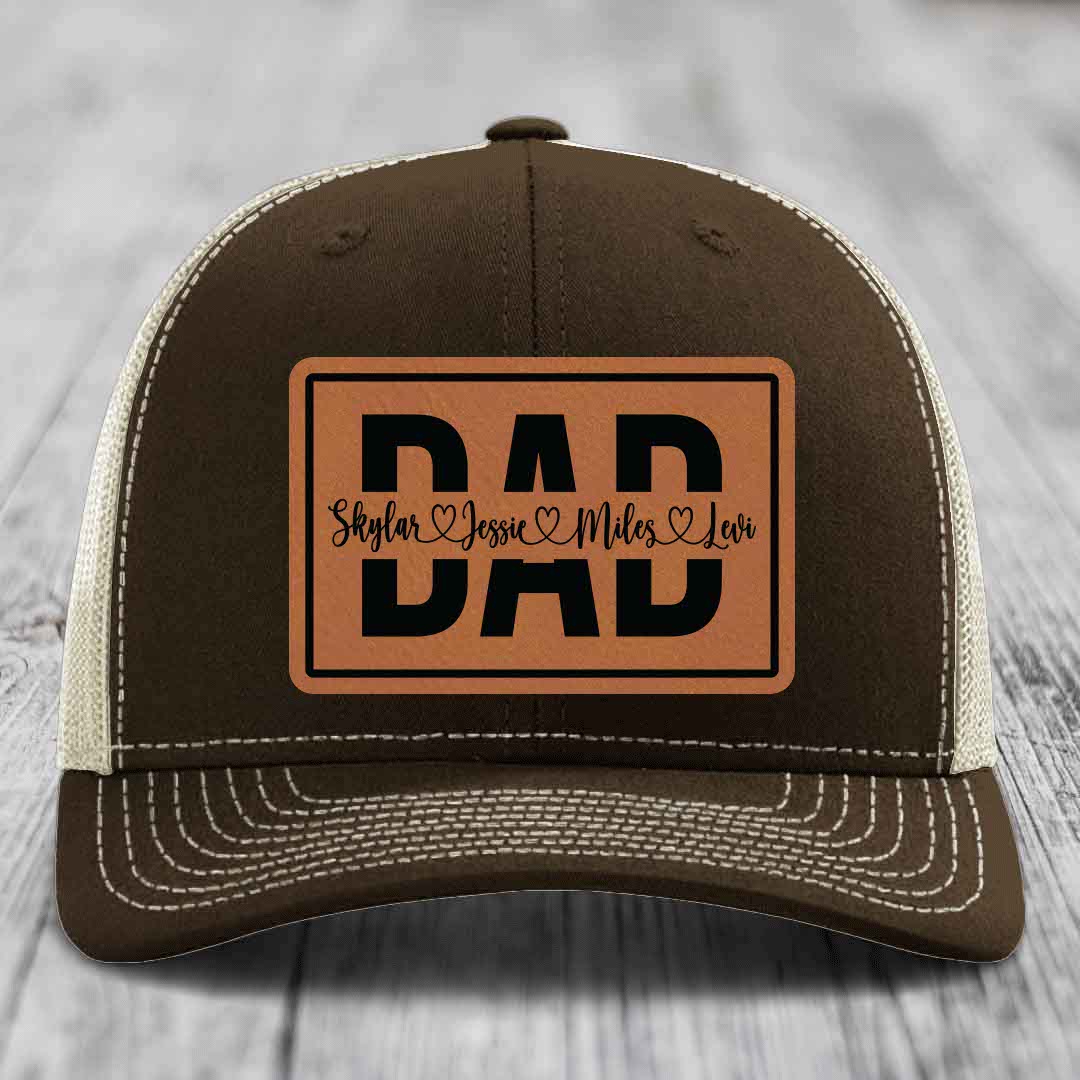Dad Monogram (With Kids Names) - Leather Patch Hat - Rawhide to Black Patch - Richardson 112 Snapback Trucker Hat
