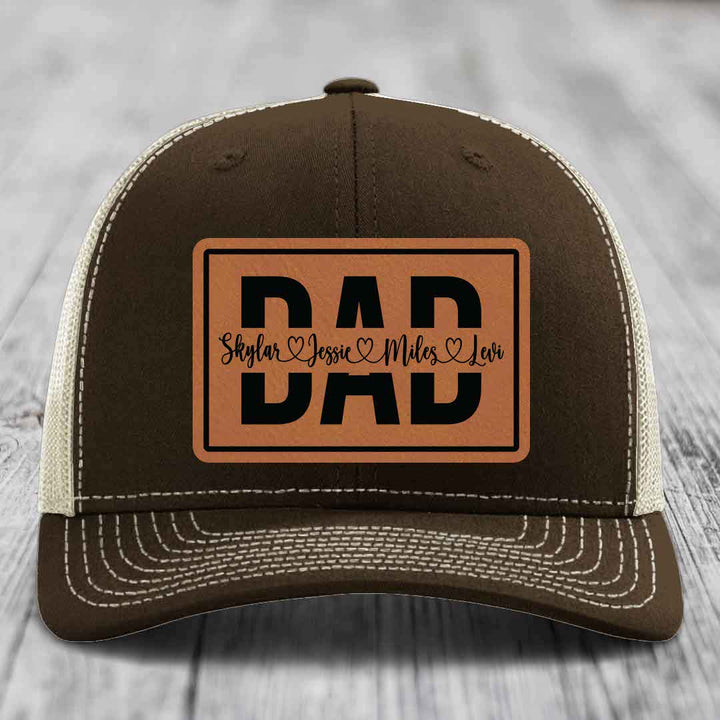 Dad Monogram (With Kids Names) - Leather Patch Hat - Rawhide to Black Patch - Richardson 112 Snapback Trucker Hat