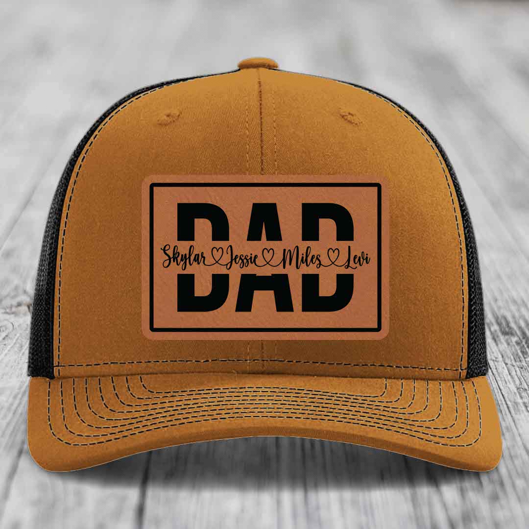 Dad Monogram (With Kids Names) - Leather Patch Hat - Rawhide to Black Patch - Richardson 112 Snapback Trucker Hat