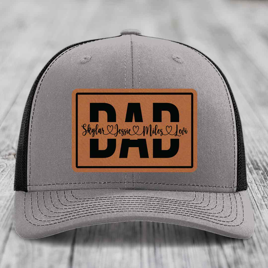 Dad Monogram (With Kids Names) - Leather Patch Hat - Rawhide to Black Patch - Richardson 112 Snapback Trucker Hat